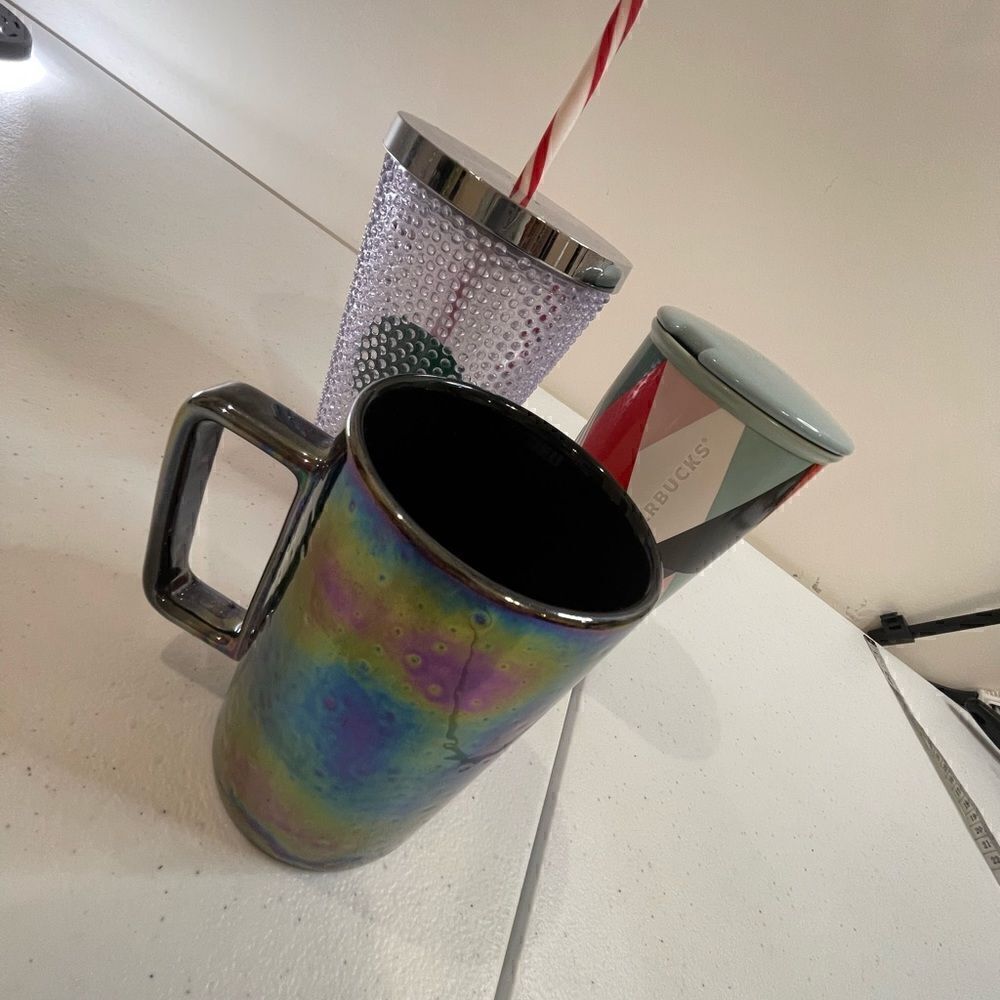 Starbucks ceramic cup with lid and metallic mug bundle